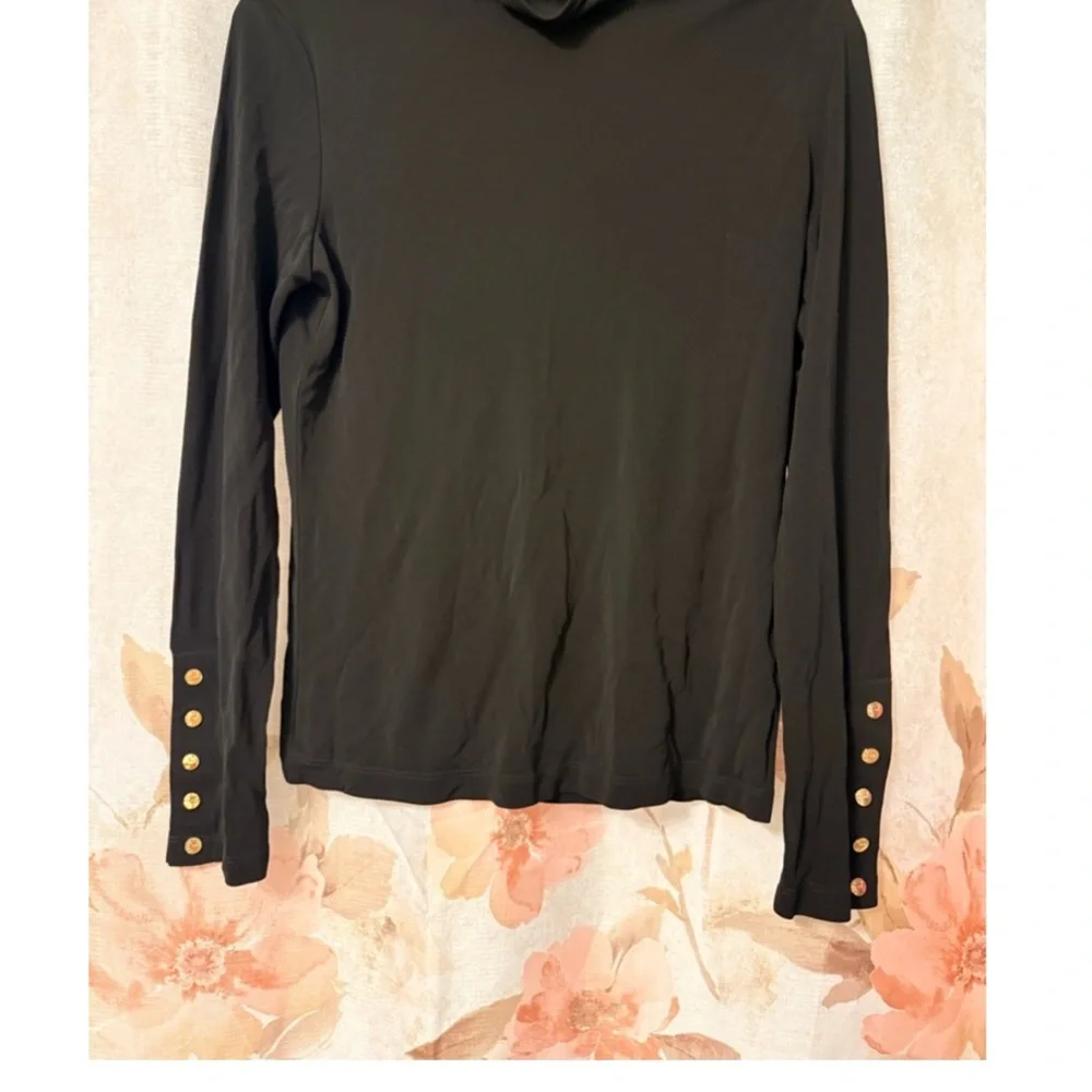 Tory Burch Black Long Sleeve Mock Neck Top with Gold Buttons